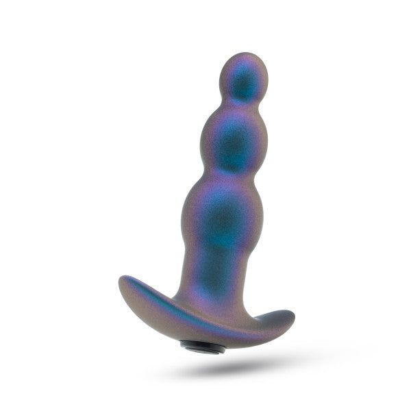 Introducing the Expedition Beaded Vibrating Silicone Butt Plug by Blush, a compact toy designed for internal use with its multi-beaded, gradient-colored structure. It features a curved base and body-safe silicone construction, offering textured vibrations and a smooth, iridescent finish in captivating blue and purple shades—ideal for those seeking distinct sensations.