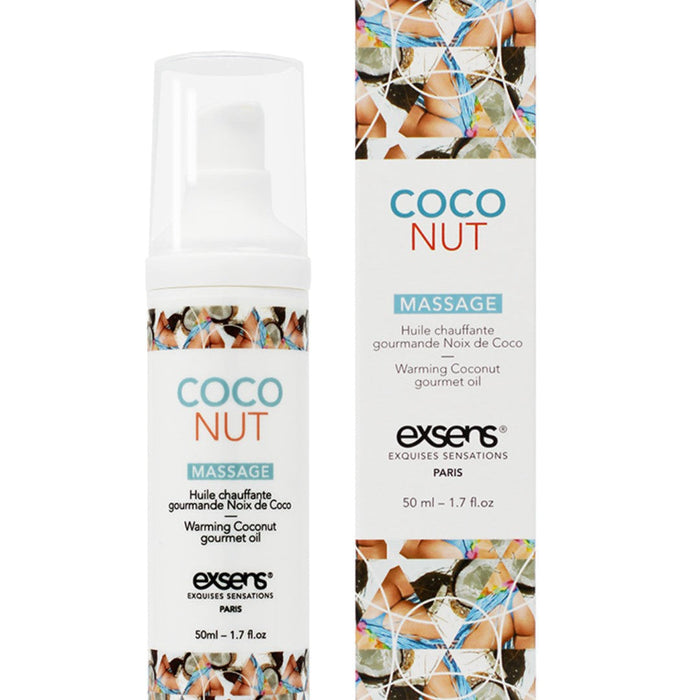 Exsens Coconut Flavored Warming Massage Oil 50ml designed for foreplay with a coconut theme and warming sensation.