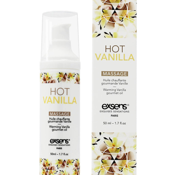 A bottle and packaging of Exsens Hot Vanilla Flavored Warming Massage Oil 50ml with floral design elements and warming sensation.