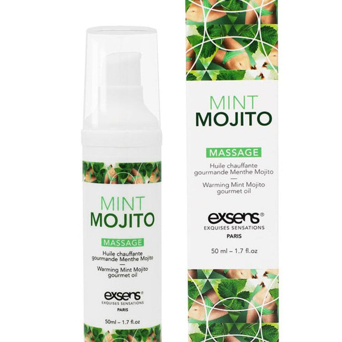 Product packaging for an Exsens Mint Mojito Flavored Warming Massage Oil in a white dispenser, featuring vibrant images of mint leaves and lime slices. Text displays the scent and volume (50 ml / 1.7 oz).