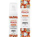 A bottle of Exsens Organic White Peach Flavored Warming Massage Oil next to its packaging. The packaging features vibrant orange peaches and white flowers, emphasizing its natural ingredients.