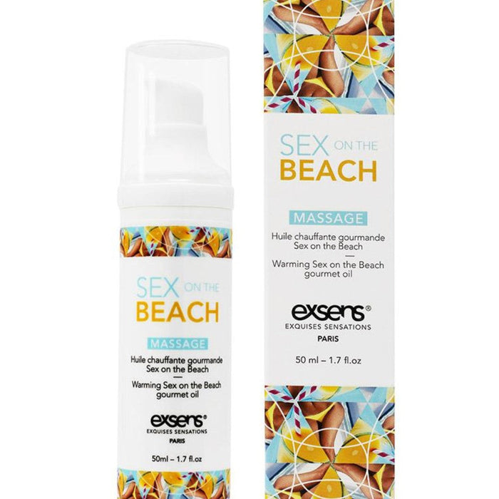 Product display of Exsens Sex on the Beach Flavored Warming Massage Oil 50ml with vibrant packaging design.