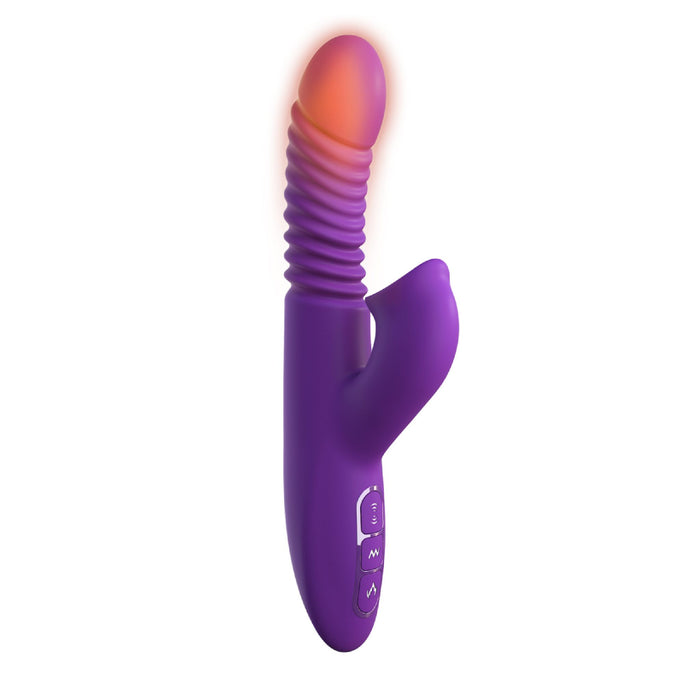 The Fantasy For Her Thrusting Warming Rabbit with Clitoral Stimulating Tongues by Pipedream Products is a purple dual-action sex toy featuring a ribbed, curved shaft and an additional smaller extension. The larger section boasts a glowing red tip, while the handle includes three control buttons. Designed for both internal and external stimulation, this device offers vibration settings ideal for clit stimulation.