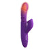 The Fantasy For Her Thrusting Warming Rabbit with Clitoral Stimulating Tongues by Pipedream Products is a purple dual-action sex toy featuring a ribbed, curved shaft and an additional smaller extension. The larger section boasts a glowing red tip, while the handle includes three control buttons. Designed for both internal and external stimulation, this device offers vibration settings ideal for clit stimulation.