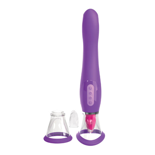 Introducing the Fantasy For Her Ultimate Pleasure Double Ended Tongue Vibrator by Pipedream Products, a sophisticated personal massager in purple. The elegantly designed handle features three buttons and comes with interchangeable silicone tips and suction cup attachments for a customizable massage experience. This versatile vibrator stands upright against a plain white background, ready to deliver ultimate pleasure.