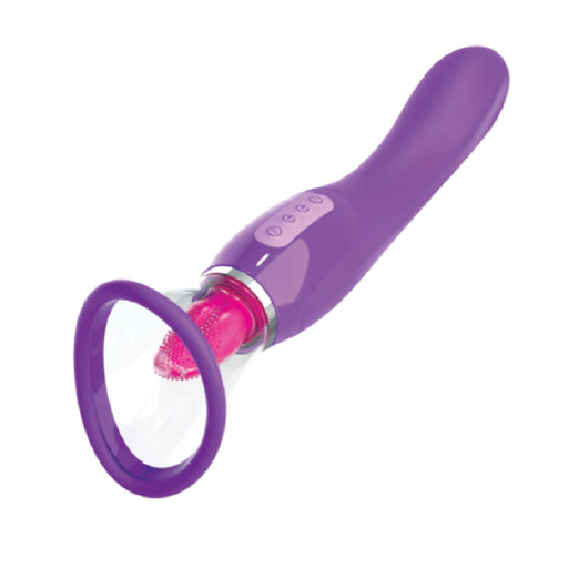 Introducing the Fantasy For Her Ultimate Pleasure Double Ended Tongue Vibrator by Pipedream Products. This purple pleasure device features a curved, ergonomic handle and a transparent tip housing a pink, textured attachment. Designed for ultimate pleasure, it includes multiple control buttons on the handle for customized settings and enhanced G-spot stimulation.