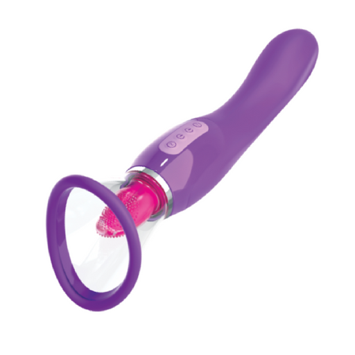 Introducing the Fantasy For Her Ultimate Pleasure Double Ended Tongue Vibrator by Pipedream Products. This purple pleasure device features a curved, ergonomic handle and a transparent tip housing a pink, textured attachment. Designed for ultimate pleasure, it includes multiple control buttons on the handle for customized settings and enhanced G-spot stimulation.