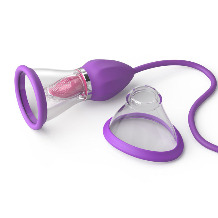 Close-up image featuring the Fantasy For Her Ultimate Pleasure Max Licking Sucking Vibrator by Pipedream Products, a purple, double-ended device with two clear, conical attachments and a connected tube. The g-spot end is intricately designed to fit over specific areas, showcasing textured elements for enhanced tactile stimulation and varied suction patterns.