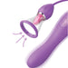 The illustration depicts the Fantasy For Her Ultimate Pleasure Max Licking Sucking Vibrator by Pipedream Products. The vibrant purple sex toy features a bulbous head and textured shaft, specifically designed for g-spot stimulation. It is accompanied by a transparent suction cup with a pink, textured interior. Purple arrows highlight the suction patterns emanating from the cup. The background is white, ensuring all details are clearly visible.