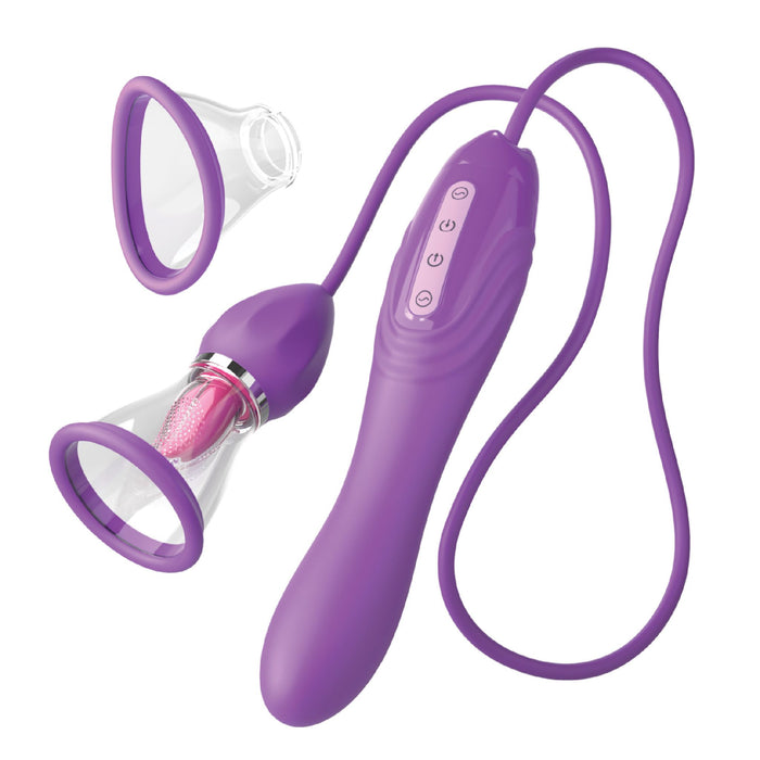 The Fantasy For Her Ultimate Pleasure Max Licking Sucking Vibrator by Pipedream Products is a purple personal massager equipped with a control handle, a cord, and two transparent cups for attachments. One cup showcases a pink textured component inside. The device offers various suction patterns and features buttons on the handle for operation.