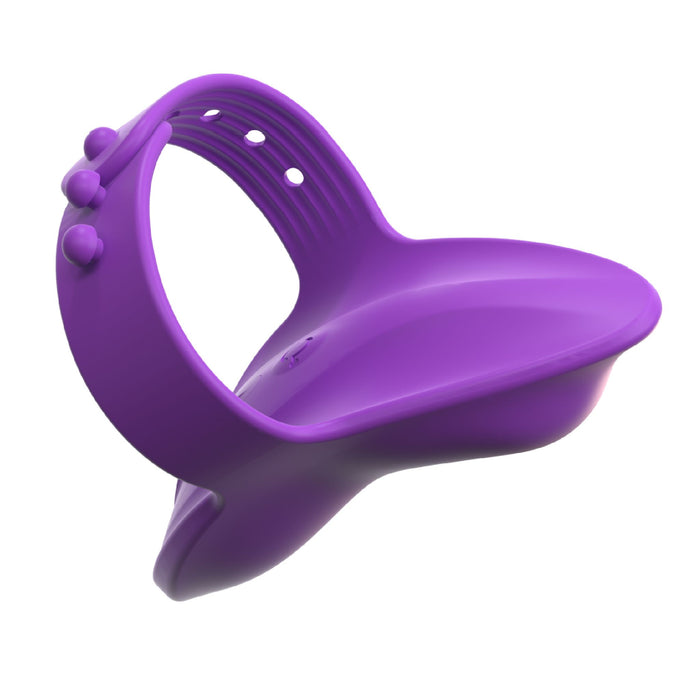 The Pipedream Products Fantasy For Her Waterproof Purple Finger Vibrator pairs perfectly with a purple silicone menstrual cup, designed with an ergonomic shape featuring a wide, curved rim and a flexible stem for easy handling and removal. The cup includes several holes near the top for suction release and has a polished, smooth surface for comfort and reuse.