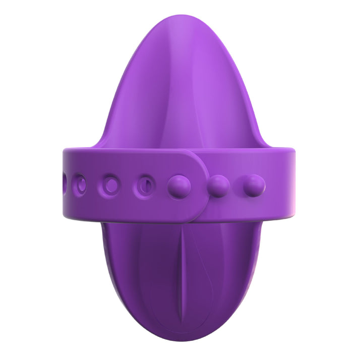 The Fantasy For Her Waterproof Purple Finger Vibrator by Pipedream Products is an oval-shaped, ergonomic device made of silky smooth silicone. It features a thick, adjustable finger strap around its center with several circular buttons for customization. The sleek and modern design makes this vibrator as stylish as it is functional.