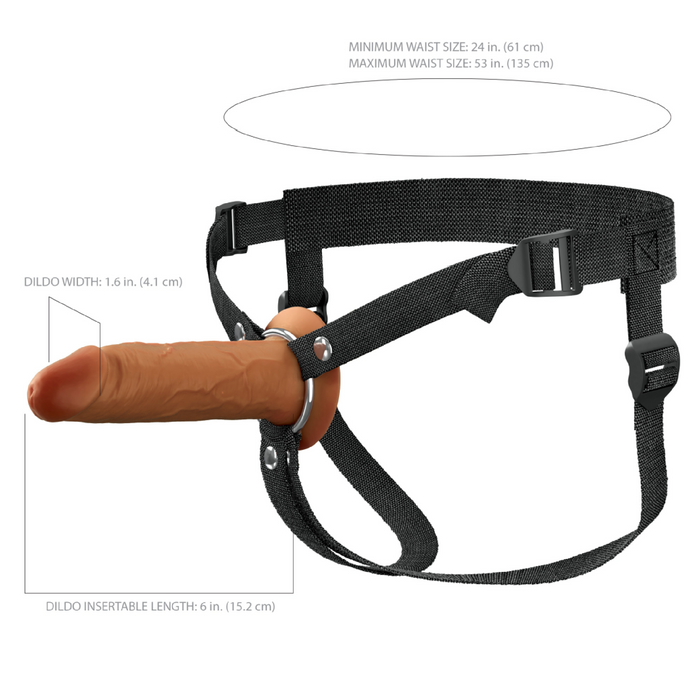 Image of the Fantasy X-Tensions Elite Hollow 6 Inch Silicone Dildo & Strap-On Harness - Chocolate by Pipedream Products, featuring adjustable black straps and a flesh-toned dildo. The dildo measures 1.6 inches (4.1 cm) in width and has an insertable length of 6 inches (15.2 cm). The harness accommodates waist sizes ranging from 24-53 inches (61-135 cm).