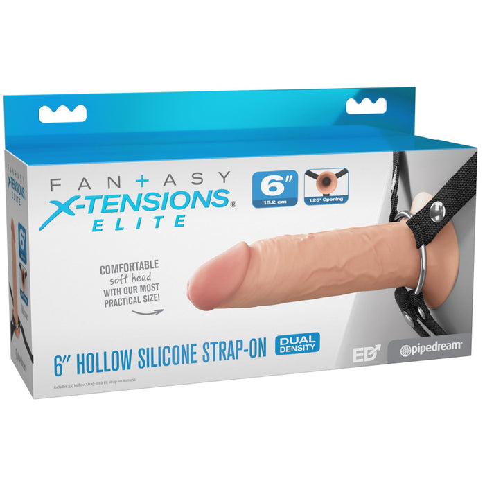 The packaging for the Fantasy X-Tensions Elite Hollow 6 Inch Silicone Dildo & Strap-On Harness - Vanilla by Pipedream Products showcases its dual-density design and a 1.6" (4 cm) metal O-ring. The box features an image of the realistically shaped, skin-toned silicone dildo with a soft head and harness, providing an effective solution for those with erectile dysfunction.