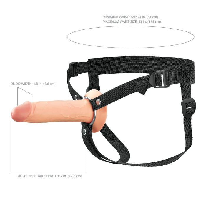 The Fantasy X-Tensions Elite Hollow 7 Inch Silicone Dildo & Strap-On Harness by Pipedream Products features a black, adjustable strap-on harness that fits waist sizes from 24 to 53 inches. It includes a realistic, dual-density, flesh-colored dildo with a width of 1.8 inches and an insertable length of 7 inches.