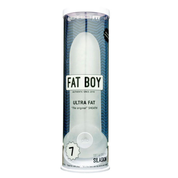 A cylindrical package containing a product called "Fat Boy Ultra Fat 5.5 Inch Penis Girth Extender Sleeve with Ball Strap" by Perfect Fit Brand. The white package, featuring a blue gradient on the top half, indicates it is a Size 7, made of SilaSkin™ for an ultra-real feeling experience, and has been authentic since 2010.