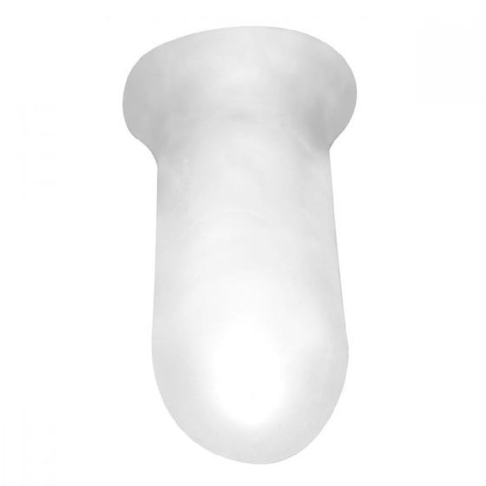 The Fat Boy Ultra Fat 5.5 Inch Penis Girth Extender Sleeve with Ball Strap by Perfect Fit Brand features a white, smooth, bulb-shaped design with a rounded bottom and a slightly flared top. This modern creation boasts a clean, minimalist aesthetic and a glossy finish that gives it an ultra-real feel and sleek appearance reminiscent of SilaSkin™.