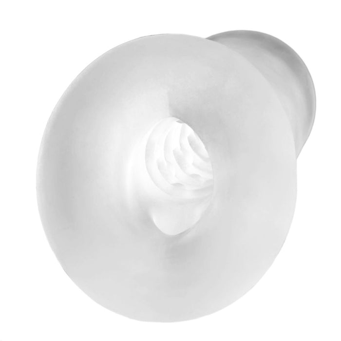 A top-down view showcases the intricate spiral interior design of the Fat Boy Ultra Fat 5.5 Inch Penis Girth Extender Sleeve with Ball Strap by Perfect Fit Brand. This white, cylindrical sheath features a smooth outer surface made from SilaSkin™ for an ultra-realistic feel, tapering slightly towards the base.