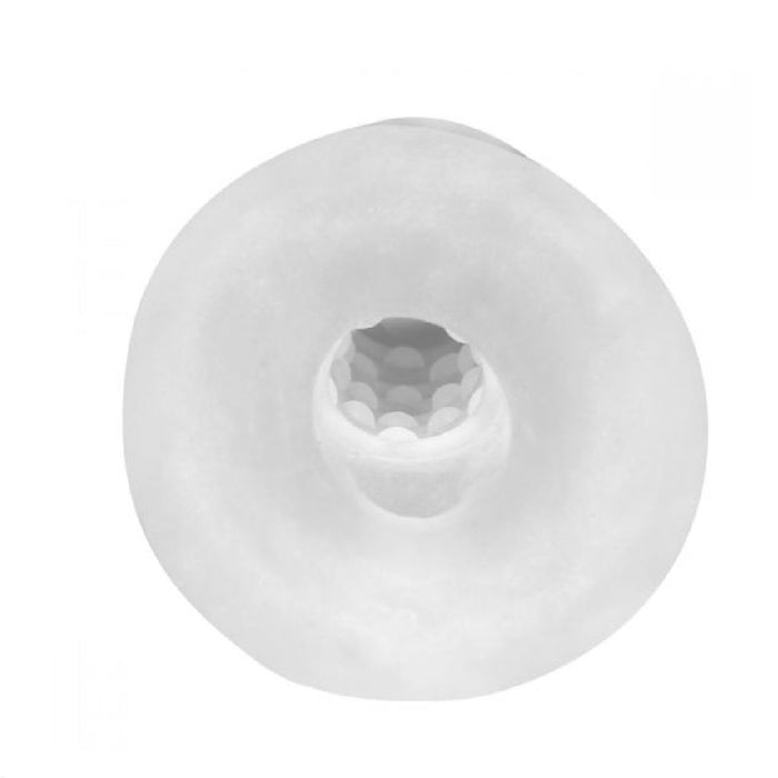 Close-up image of the Fat Boy Ultra Fat 5.5 Inch Penis Girth Extender Sleeve with Ball Strap by Perfect Fit Brand, featuring a translucent white, donut-shaped design with a central opening that reveals its textured interior. The ultra-real feeling sleeve is set against a white background.