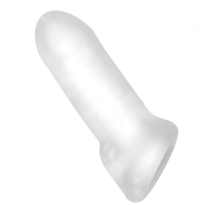 A transparent rubber finger cot with a smooth, cylindrical shape and a closed rounded tip. Designed to fit over a finger or medical instrument, the Fat Boy Ultra Fat 5.5 Inch Penis Girth Extender Sleeve with Ball Strap by Perfect Fit Brand provides an ultra-real feeling barrier against contamination during medical procedures.