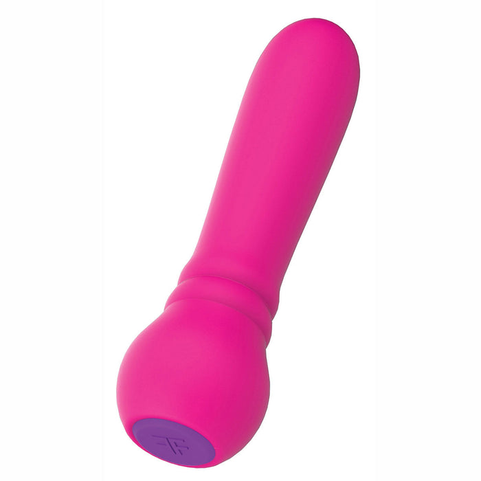 The FemmeFunn ULTRA BULLET Powerful Silicone Vibrator by Femmefunn is available in various colors, including pink. This handheld massager has a rounded top and a slightly curved body, made from premium silicone with a smooth surface featuring a small purple accent at the base. Portable and user-friendly, it boasts ergonomic contours and is conveniently USB rechargeable.