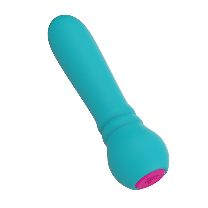 A blue Femmefunn ULTRA BULLET Powerful Silicone Vibrator, wand-shaped with a rounded head, crafted from premium silicone, and featuring a pink button at the base.