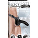 Packaging for Pipedream Products' "Fetish Fantasy Extreme 10 Inch Hollow Dildo & Strap-on Harness - Black." The box shows a close-up of the product being worn. The strap-on is black, 10 inches long, and 2.5 inches thick. Features include adjustable leather harness straps and a hollow center for extreme penetration, with additional product images.