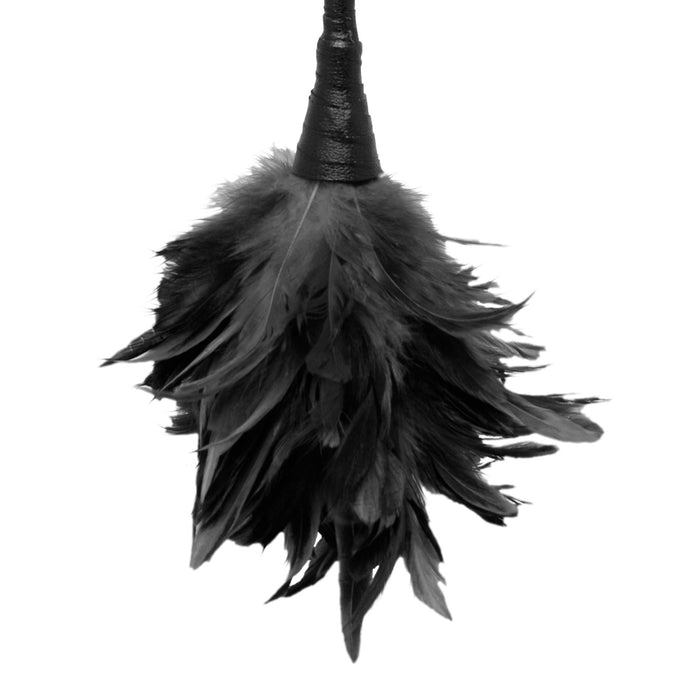 A close-up image of the Pipedream Products Fetish Fantasy Frisky Feather Duster showcases a cluster of soft, seductive natural feathers at the bottom, attached to a dark, wrapped handle. The densely packed feathers give the duster a full and bushy appearance.