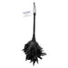 A black feather duster with a handle, featuring a string loop at the top for easy hanging. A small white tag near the handle reads "Fetish Fantasy Frisky Feather Duster" by Pipedream Products. The fluffy feathers are soft and vary in length, making them perfect for a sensual experience.