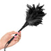 A person's hand with pink nail polish elegantly holds the Fetish Fantasy Frisky Feather Duster by Pipedream Products against a white background. The duster features a black handle and soft, fluffy black feathers at the end, perfect for delivering a sexy stroke.