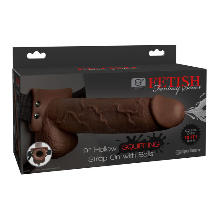 Fetish Fantasy Hollow Squirting Dildo (9 Inch) w/Balls & Strap-on Harness - Chocolate