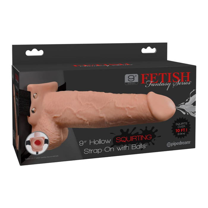 Fetish Fantasy Hollow Squirting Dildo (9 Inch) w/Balls & Strap-on Harness- Vanilla