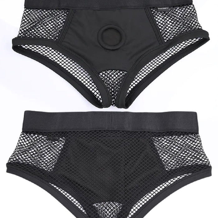 Two pairs of black mesh high-waisted underwear, one with a cheeky circular cut-out detail, displayed on a white background.