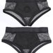 Two pairs of black mesh high-waisted underwear, one with a cheeky circular cut-out detail, displayed on a white background.