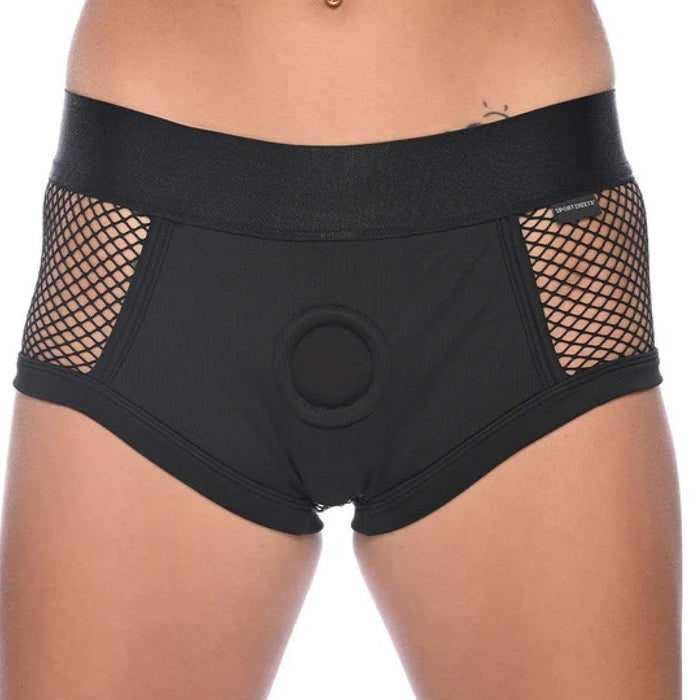 Close-up of black Sportsheets Fit Brief Style Fishnet Backed Strap-on Harness with fishnet side panels, featuring a circular pad in the center, displayed on a female torso.