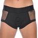 Close-up of black Sportsheets Fit Brief Style Fishnet Backed Strap-on Harness with fishnet side panels, featuring a circular pad in the center, displayed on a female torso.