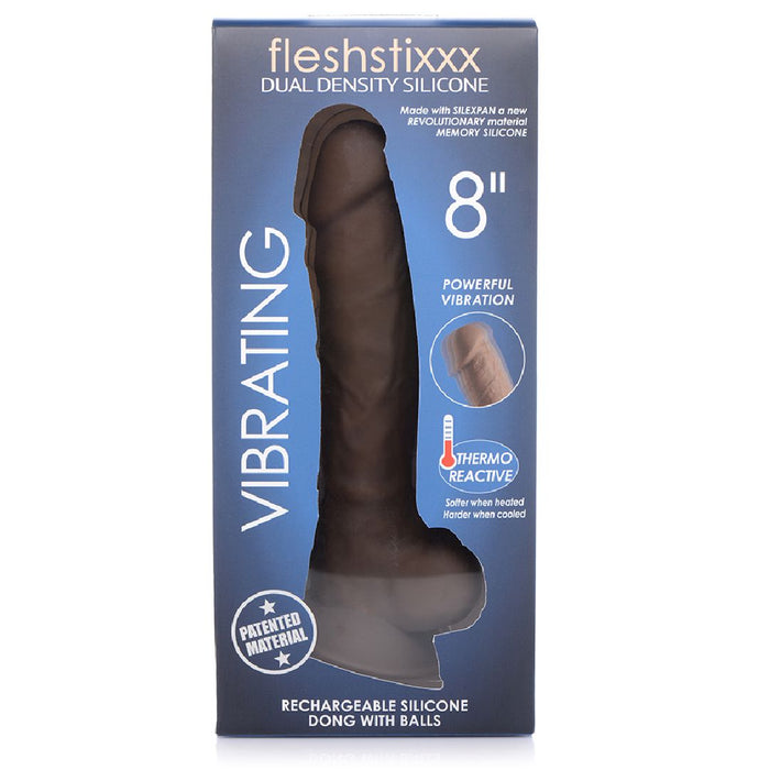 A retail box for a Curve Toys Fleshstixxx 8 Inch Vibrating Silicone Dildo with Balls - Chocolate. The box highlights its 8-inch size, powerful vibration feature, and thermo-reactive silexpan silicone material. The packaging is predominantly blue with images and text describing the product’s features.