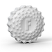 A Flintts Mints' white, round, textured mint from the "Flintts Mouth Watering Mints - Mint Flavor" collection features an embossed letter "F" in the center surrounded by a series of small, raised bumps arranged in a circular pattern that give it a sparkling effect.