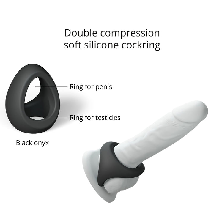 The Flux Stretchy Black Silicone Cock and Ball Ring by Lovely Planet is depicted, labeled "Ring for penis" and "Ring for testicles." The phrase "Black onyx" appears below the ring. A diagram showcases the cock ring positioned on a phallic-shaped object, highlighting its design's potential for penis enlargement.