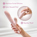 A hand is holding a pale pink silicone personal massager against a light background. The text on the image reads, "Platinum Cured Silicone," "Satin Smooth Feel," and "Squishy Head," while an inset image highlights the flexibility of the clitoral stimulator's head. Introducing the Fraya Thrusting Shaft Powerful Rabbit Vibrator by Blush.