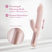 The Fraya Thrusting Shaft Powerful Rabbit Vibrator by Blush in pale pink is a premium silicone personal massager featuring dual shafts with thrusting vibration capabilities. It offers 3 speeds and 7 vibrating patterns for both the shaft and clitoral stimulator, each with independent controls. An inset image provides a close-up view of the control buttons.