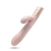 The Fraya Thrusting Shaft Powerful Rabbit Vibrator by Blush is a pale pink, battery-operated personal massager made from premium silicone. It boasts a smooth, curved design with ribbed texture near the base and features a flexible extension with two control buttons on the handle. The clitoral stimulator seamlessly floats against a plain white background.