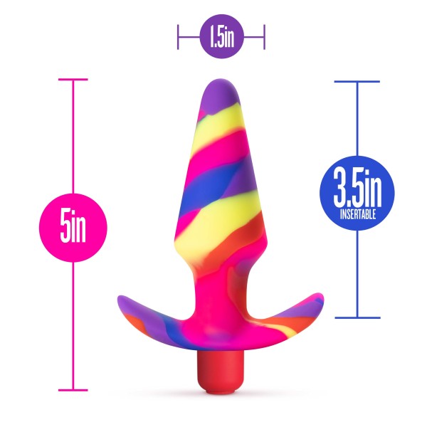 The "Free Spirit Vibrating 10 Function Beginner Silicone Butt Plug" from Blush is a vibrant sex toy with various patterns. This beginner-friendly booty plug measures 5 inches in total length, with an insertable length of 3.5 inches and a width of 1.5 inches. It features a flexible safety base and a tapered tip for added comfort and ease during use.