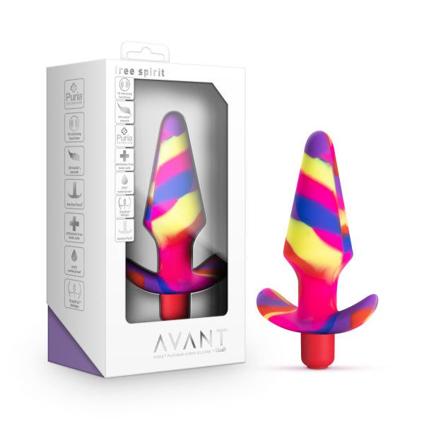 User-provided sentence rewritten using the given product data:

A Blush Free Spirit Vibrating 10 Function Beginner Silicone Butt Plug with vibrant colors including pink, yellow, blue, and purple, displayed next to its packaging. The packaging highlights features like the Puria platinum cured silicone, body safety, flexible safety base, and 5 speeds and 5 patterns of vibration.