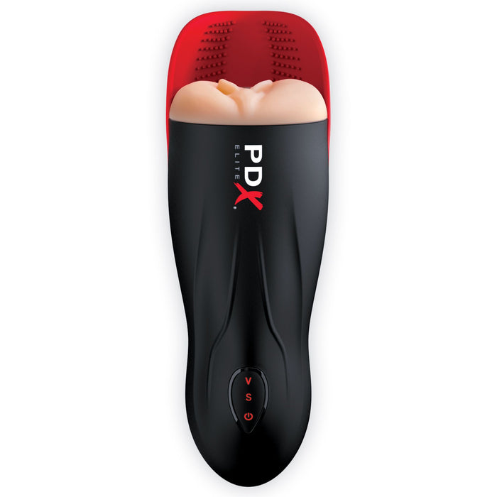 A black and red electronic device with a cylindrical shape, the Fuck-O-Matic Sucking Pussy with Ball Stroker prominently displays the brand name "Pipedream Products" in white and red text. Featuring a beige, Fanta-Flesh stroker insert at the top and control buttons near the bottom, it offers customizable suction modes for a personalized experience.