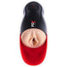 The Fuck-O-Matic Sucking Pussy with Ball Stroker by Pipedream Products is showcased, featuring a realistic vaginal opening crafted from Fanta-Flesh stroker material and a striking two-toned design in black and red. The sleek, ergonomic device boasts control buttons near the top of the black section, labeled with "PDX Elite." Enjoy customizable suction modes for enhanced pleasure.