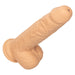 The CalExotics Fuck Stick Squirting Vibrating Silicone Suction Cup Dildo - Vanilla is a beige, realistic-looking dildo with detailed textures and a lifelike design that includes a head, shaft, and testicles. The surface is adorned with prominent veins and folds to enhance its authenticity. It also features a suction cup base for versatile play and is strap-on harness compatible.