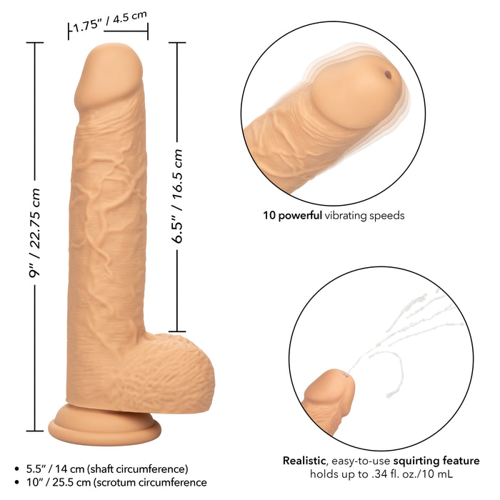 Image of the CalExotics Fuck Stick Squirting Vibrating Silicone Suction Cup Dildo - Vanilla, with measurements and features labeled. The detailed views show the dildo's shaft and scrotum circumference along with its length, highlighting the 10 vibrating speeds and strap-on harness compatibility.