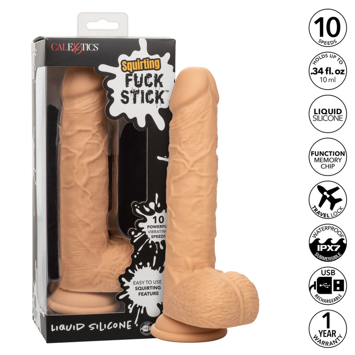 A product image of the "Fuck Stick Squirting Vibrating Silicone Suction Cup Dildo - Vanilla" made by CalExotics. The silicone squirting dildo is displayed next to its packaging. Highlighted features include 10 powerful vibrating functions, liquid silicone, a function memory chip, waterproof design, strap-on harness compatibility, and a one-year warranty.