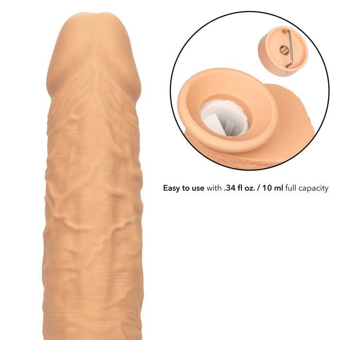 A detailed image of the Fuck Stick Squirting Vibrating Silicone Suction Cup Dildo - Vanilla by CalExotics, featuring a cutaway view showing a fluid reservoir labeled with a capacity of 0.34 fl oz / 10 ml. Text on the image reads, "Easy to use with 0.34 fl oz / 10 ml full capacity.